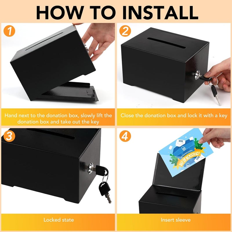 LINSIRON 3Pcs Black Tip Jar Suggestion Box with Slot and Lock Metal Donation Raffle Fundraising Cash Ballot Money Ticket Bartender Voting Prayer Comment Teacher Mailbox Booth Card Coin Classroom - Image 4